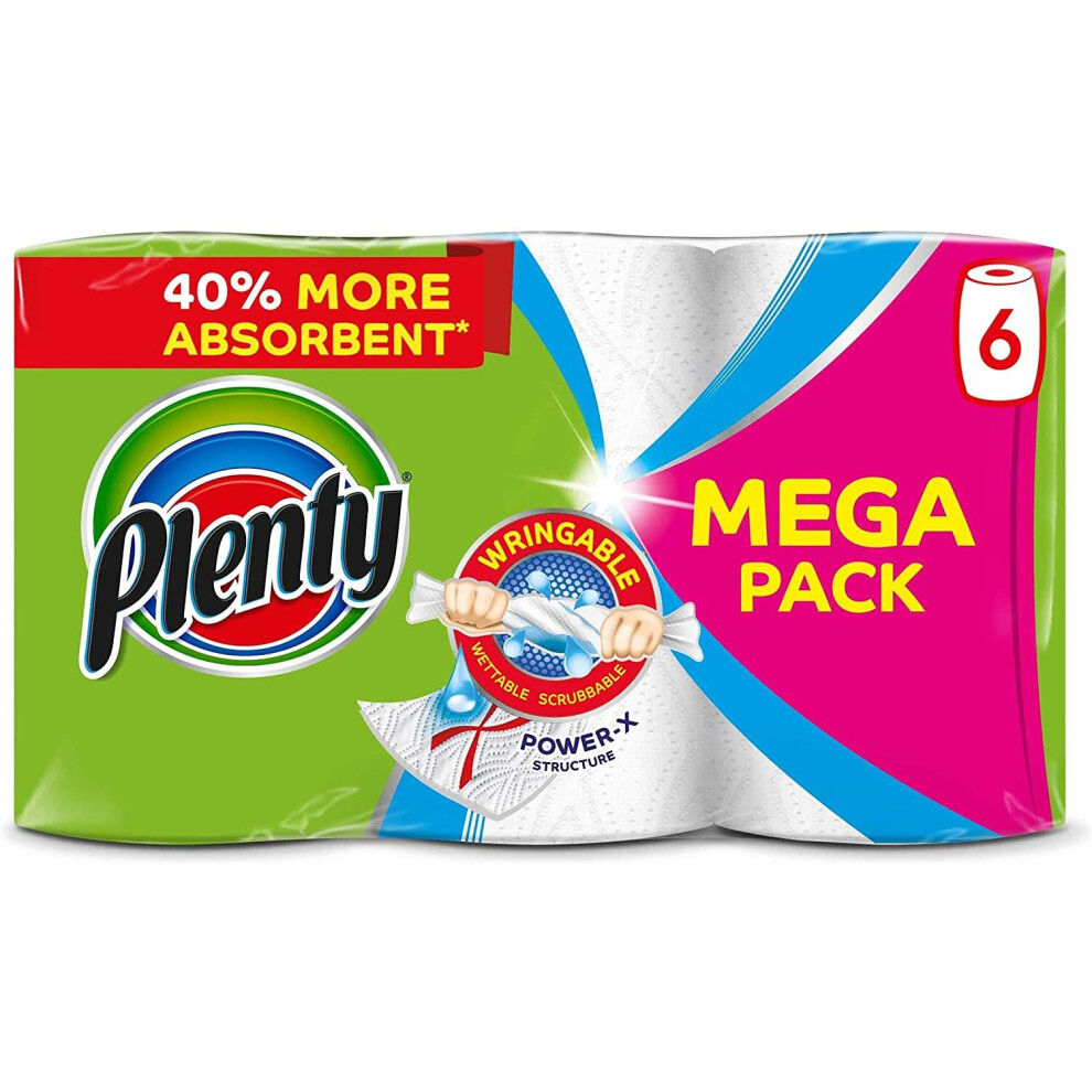 Plenty Kitchen Towel, 6 White Rolls, 600 Sheets, 2-Ply Tissue