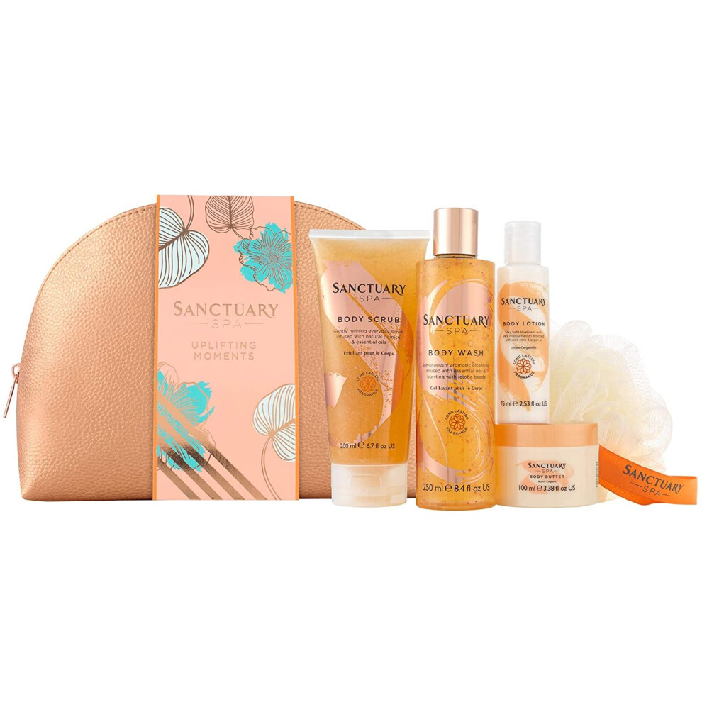 Sanctuary Spa Gift Set, Uplifting Moments Travel Wash Bag With Shower Gel, Body Scrub, Body Lotion And Body Butter, Vegan Beauty Gift, Gifts For Women