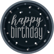 Unique Party 83587 Black Birthday Round Dinner Plates, 9" Disposable | 8 Pcs, Happy