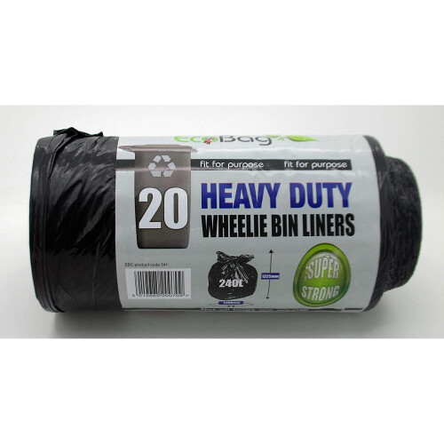 EcoBag 20 Heavy Duty Wheelie Bin Liners, 240 Litre Capacity Black Bag