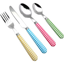 EXZACT Cutlery Set 24pcs Stainless Steel with Gingham Check Coloured Handles - 6 x Forks, 6 x Dinner Knives, 6 x Table Spoons, 6 x Tea Spoons (Mixed C