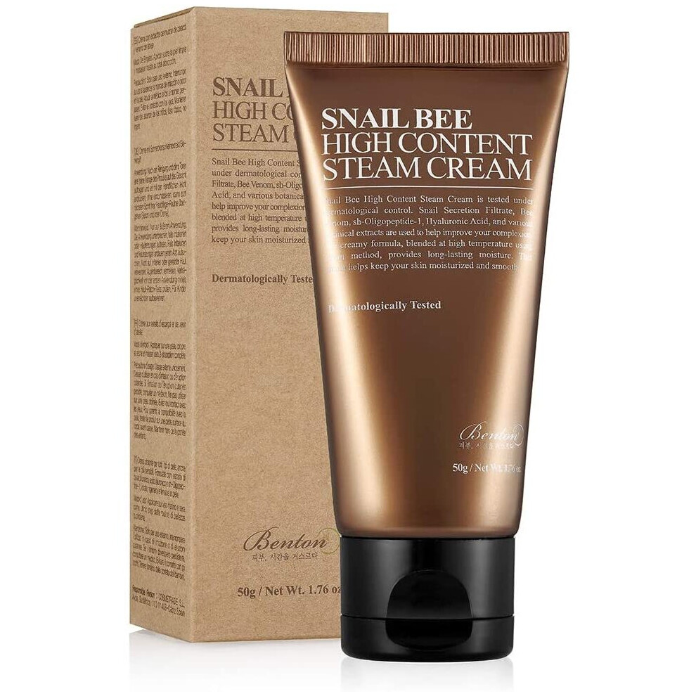 Benton Cream Snail Bee High Content Steam 50G (1.76 Oz.) - Contains Snail Secretion Filtrate, Bee Venom, Hyaluronic Acid, Intensive Moisturizing