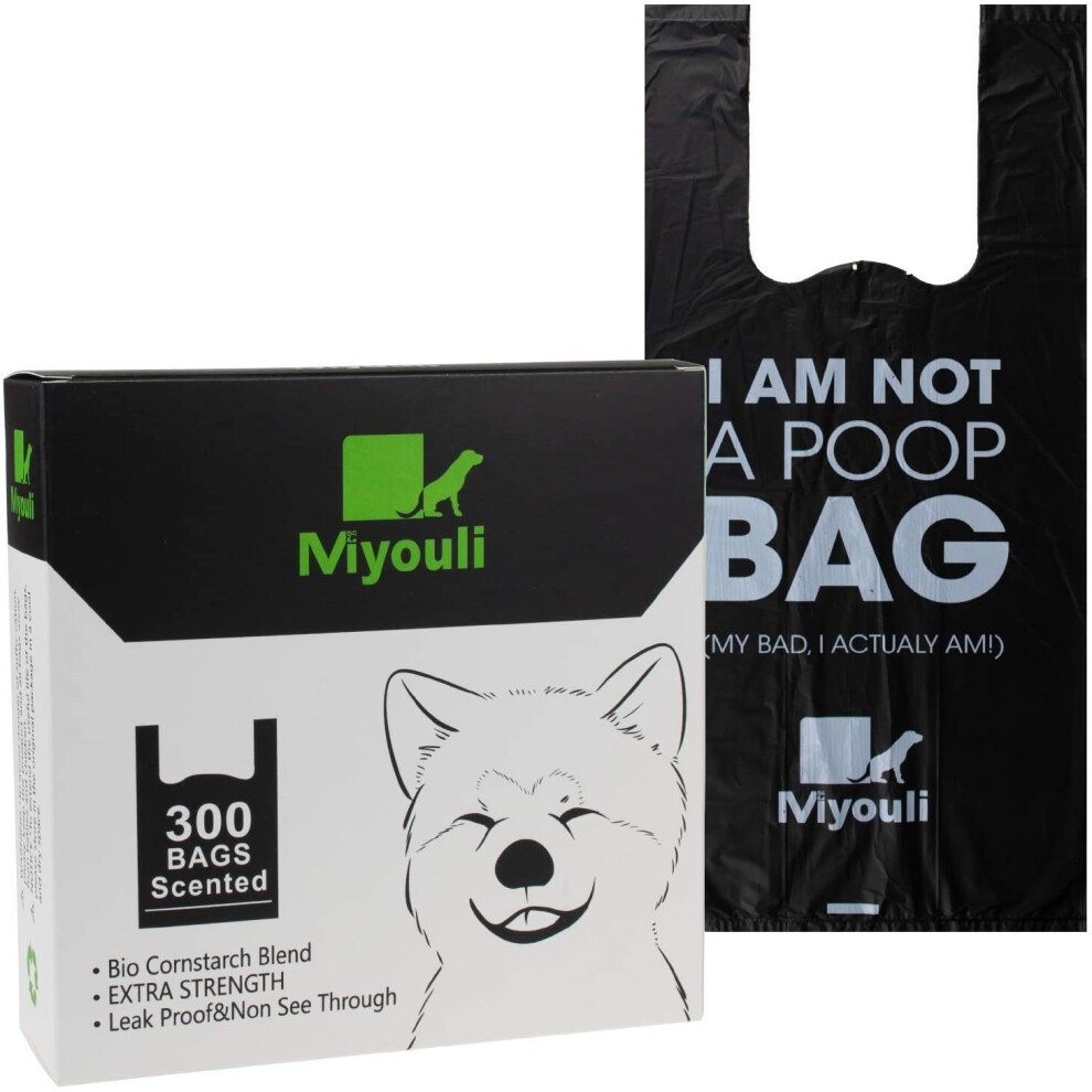 Miyouli 300 Counts Extra Thick Black Biodegradable Pet Poop Waste Bags With Handles for Dogs, Ocean Wind-Scented