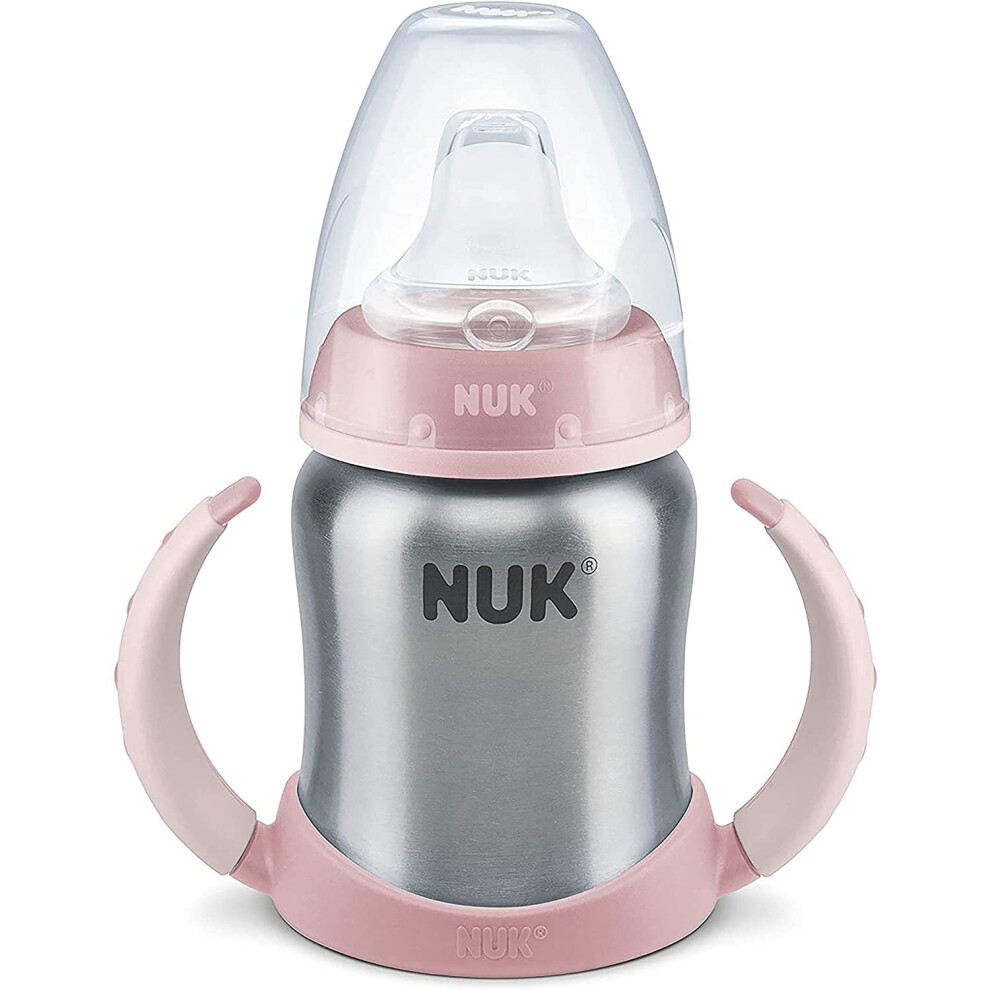 NUK Learner Cup Drinking Bottle, 6-18 Months, Stainless Steel, Leak-Proof, Anti-Colic, BPA-Free, 125 ml, Pink