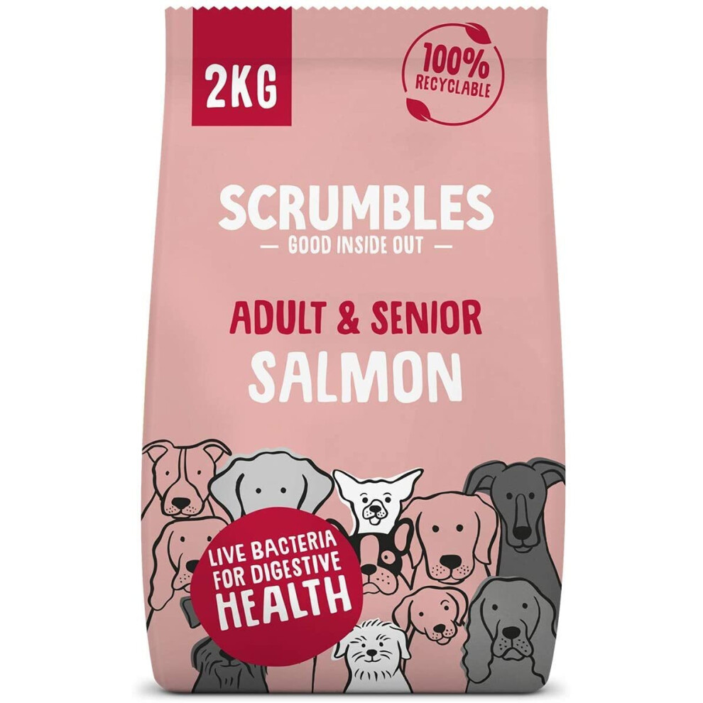 Scrumbles Natural Dry Dog Food, Free Recipe With Fresh For Adults And Senior Breeds, 2 Kg Bag Grain/Salmon