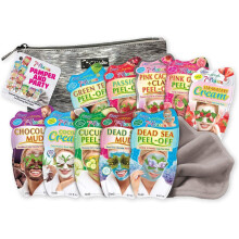 7th Heaven Pamper & Party Bundle with 10 Facial Skincare Masks - Includes a Silver Cosmetics Bag and a Cleansing Face Cloth