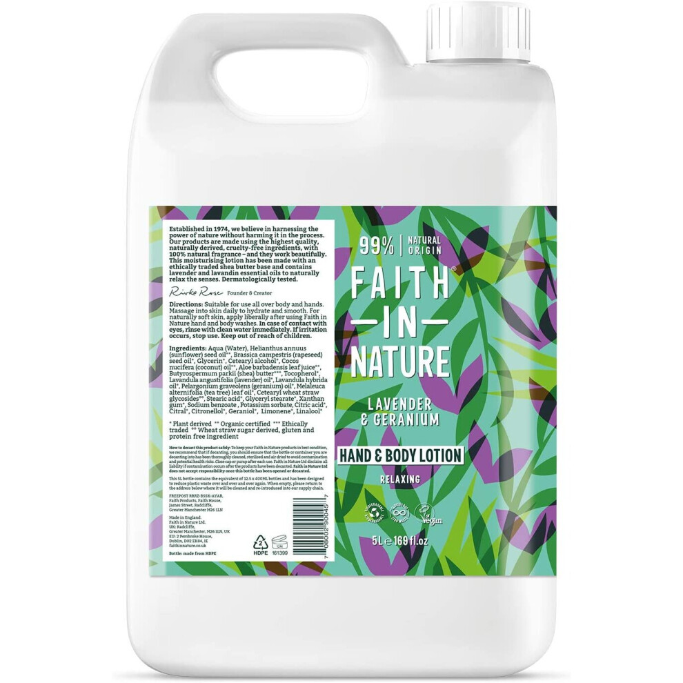 Faith In Nature Natural Lavender and Geranium Hand & Body Lotion, Relaxing, Vegan & Cruelty Free, Parabens and SLS Free, Refill Pack, 5L