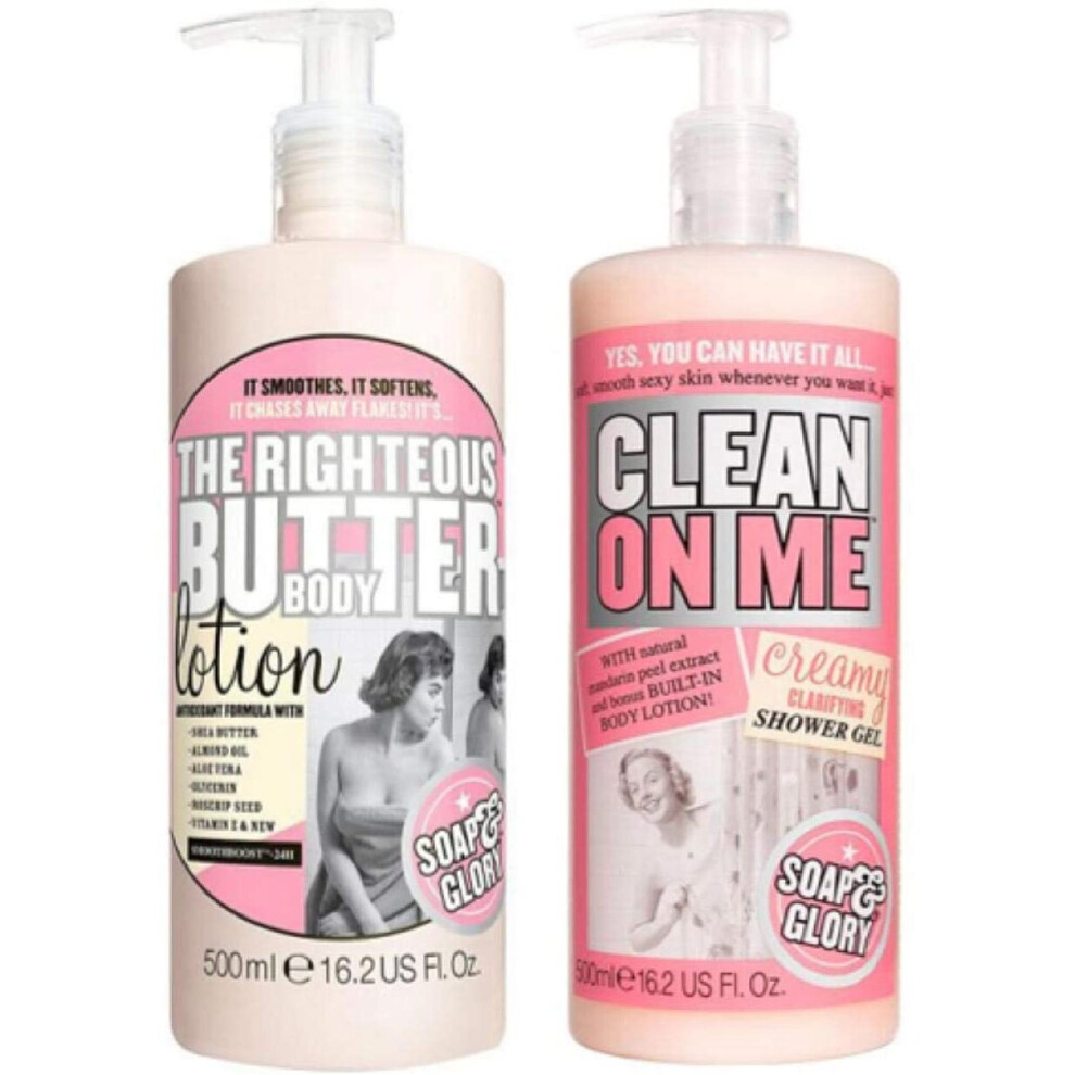 Soap and Glory The Righteous Body Butter Lotion Bundled with Clean on Me Creamy Clarifying Shower Gel 500 millilitre Hand Pumps