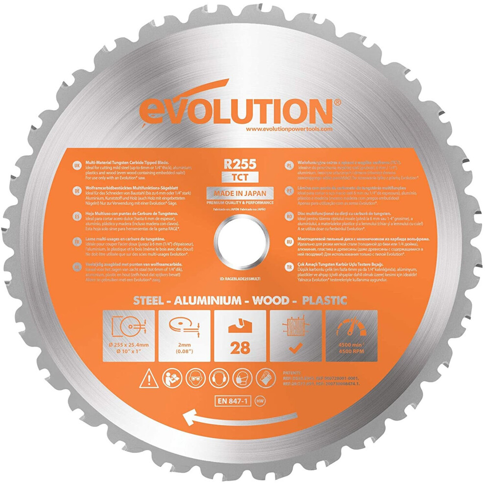 Evolution RAGEBLADE255MULTI - 255 mm Multi Material Mitre Saw Blade (AKA Wood Blade, Metal Cutting Blade, TCT Saw Blade) - Carbide Tipped Blade Cuts W