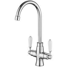 Heable White Ceramic Kitchen Sink Mixer Tap - Dual-Lever Monobloc, Swivel Spout, Chrome Finish, UK Standard Fittings