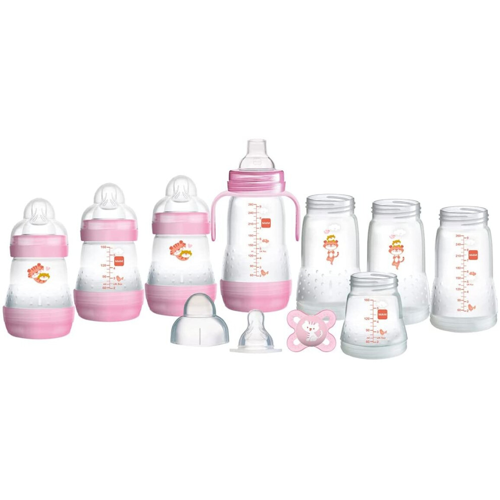 MAM Easy Start Self Sterilising Anti Colic Starter Set, Newborn Bottle Set and Soother, Newborn Essentials, Pink (Designs May Vary)