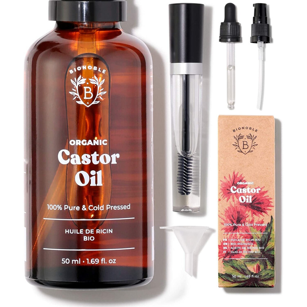 ORGANIC CASTOR OIL | 100% Pure, Natural & Cold Pressed | Lashes, Eyebrows, Body, Hair, Beard, Nails | Vegan & Cruelty Free| Glass Bottle + Pipette + P