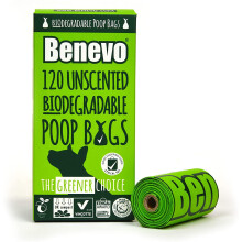 Benevo Biodegradable poop bags (120 bags). Compostable doggy poo bags. Plastic free disposable waste eco bags. EN13432 certified cornstarch green dogg