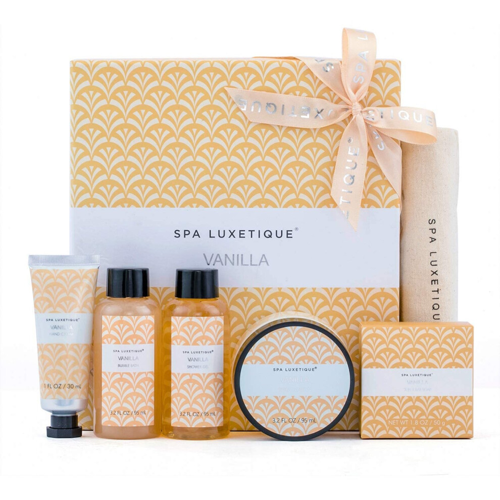 Spa Luxetique Spa Gift Set, Bath Sets for Women Gifts, 6pcs Vanilla Bath Gift Set, Travel Gift Box with Hand Cream, Body Lotion, Shower Gel, Bubble Ba