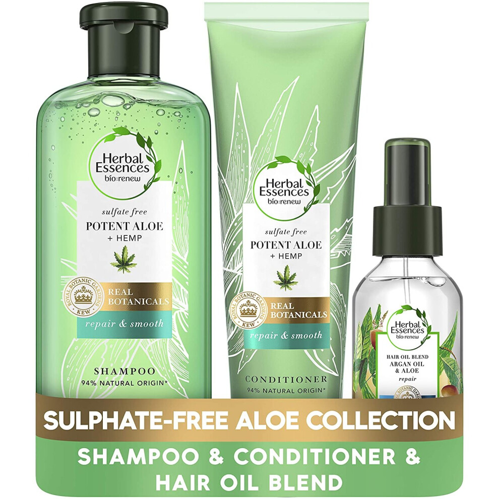 Herbal Essences bio:renew Aloe and Hemp Sulphate Free Shampoo, Hair Conditioner and Hair Oil Set, with Argan Oil and Aloe, A Sulfate Free Clarifying S