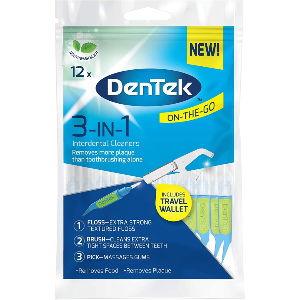 DenTek 3-in 1 Interdental Cleaners - Features an Interdental Brush, Floss and Pick All in One, 12 Pack