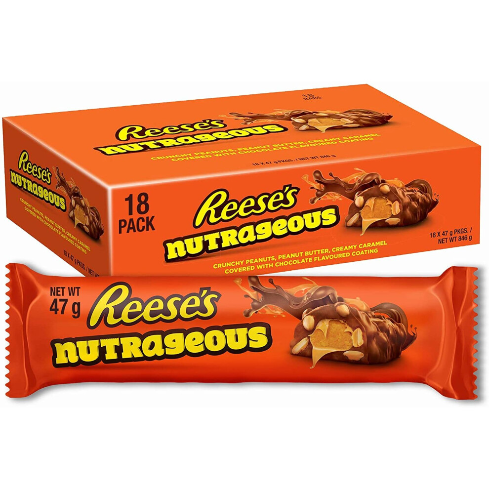 Reese's Peanut Butter Nutrageous Bars, Milk Chocolate Flavour Bars, Pack of 18 x 47 g