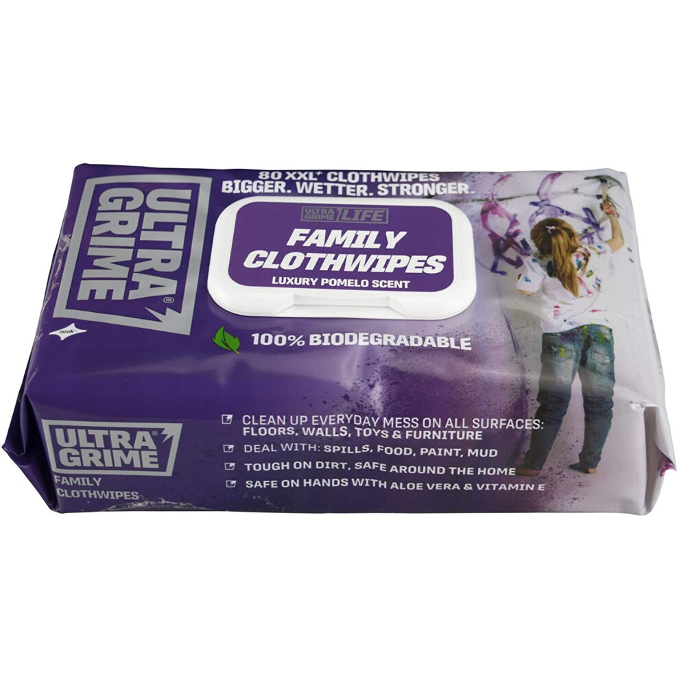 UltraGrime LIFE Family XXL+ Biodegradable Cleaning Wet Wipes - Big Size Pomelo Scented Indoor Dirt & Grime Wipes - Multi-Purpose Heavy-Duty Cleaning C