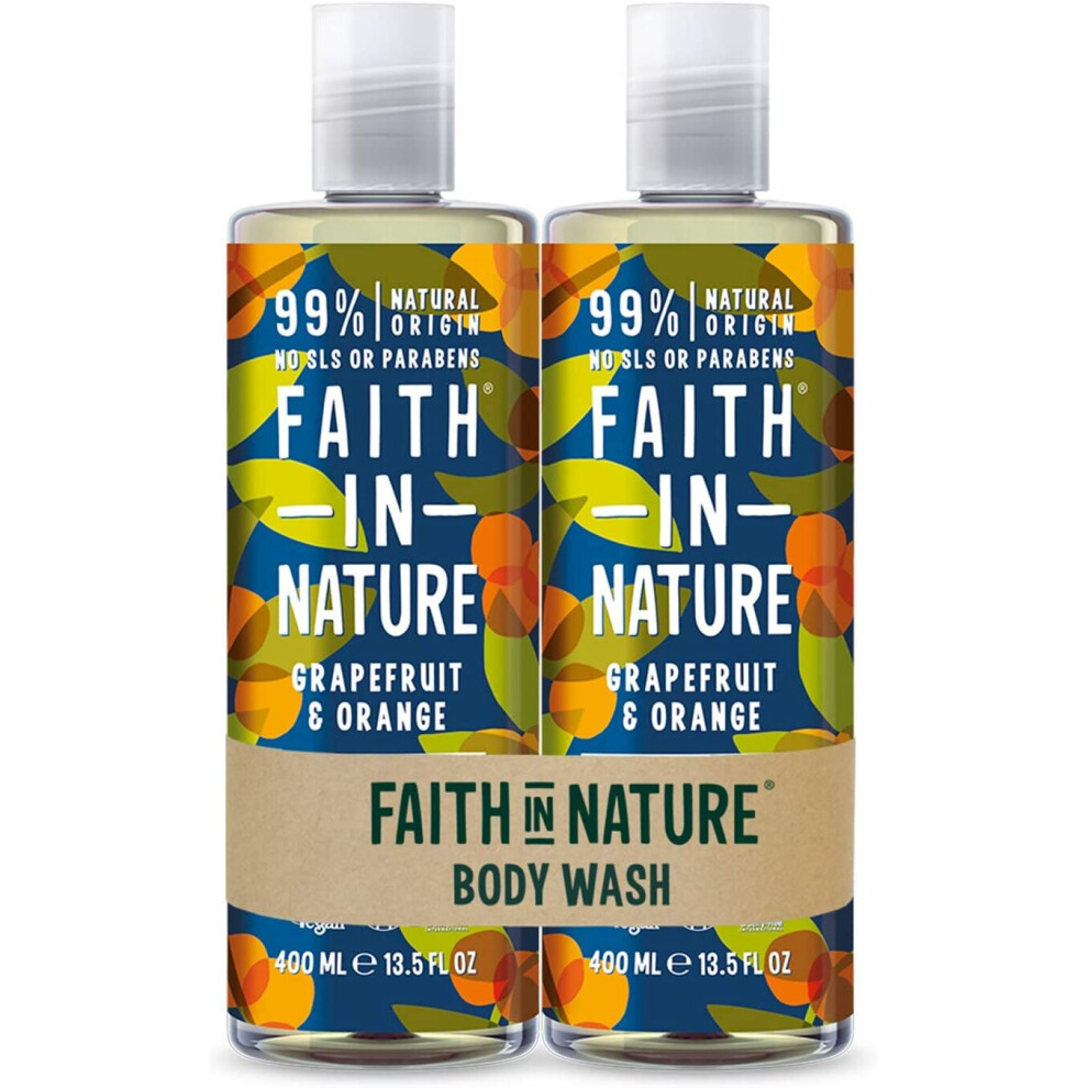 Faith In Nature Natural Grapefruit and Orange Body Wash Pack, Invigorating, Vegan & Cruelty Free, Parabens and SLS Free, 2 x 400 ml