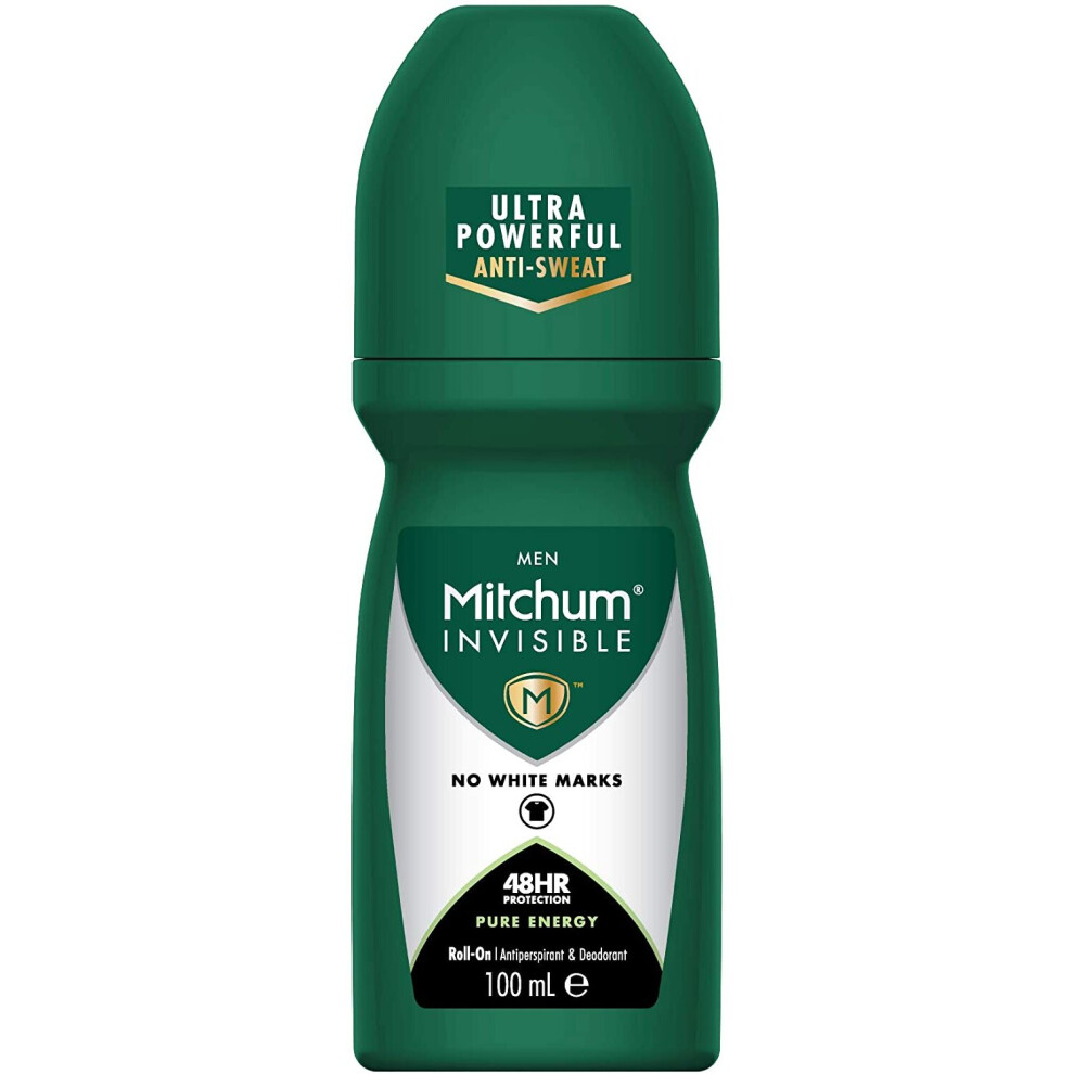 Mitchum Invisible Men 48HR Protection Roll On Deodorant & Anti-Perspirant, No White Marks, Alcohol Free, Pure Energy