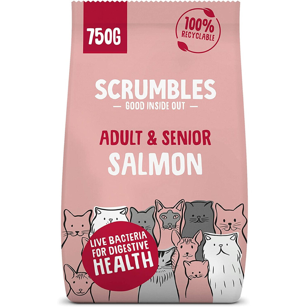 Scrumbles All-Natural Dry Cat Food: 75% Chicken & Fresh Salmon, High-Protein For Adult & Senior Cats, 750 G