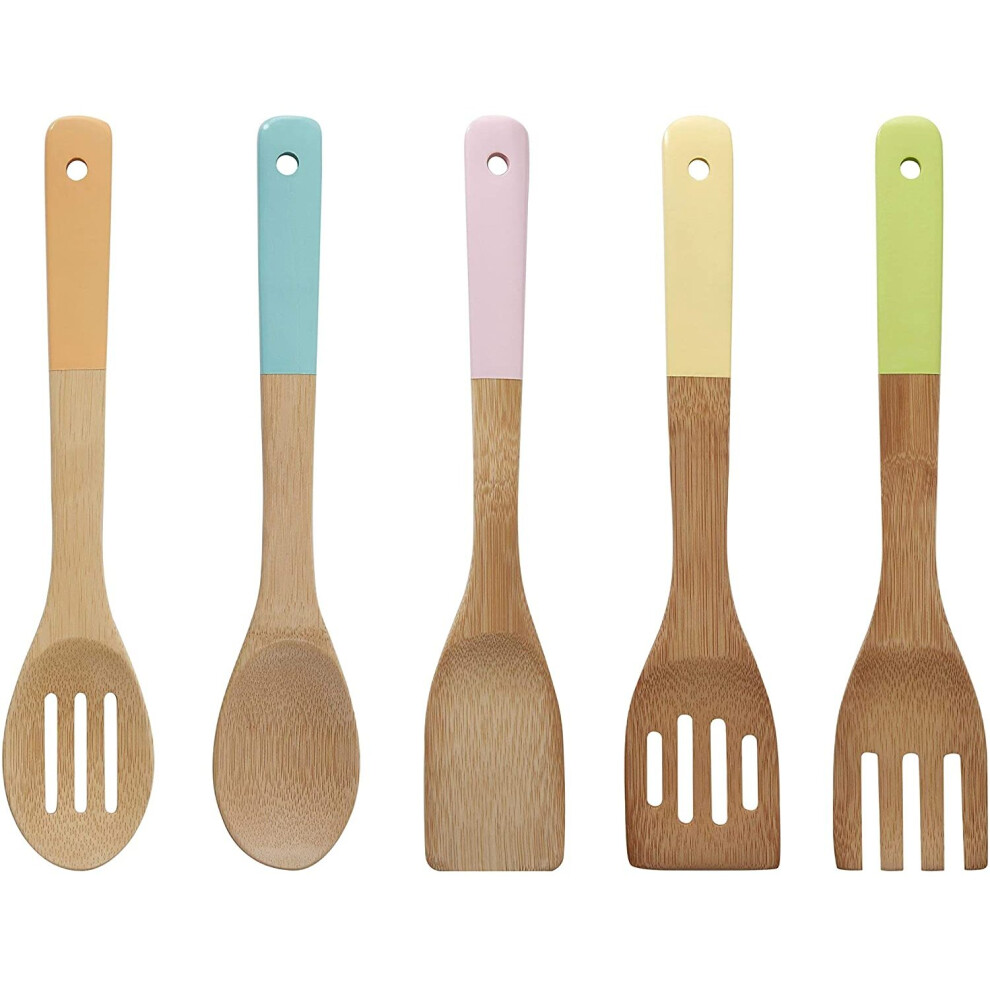 Premier Housewares 0805460 5-Piece Bamboo Kitchen Utensil Set with Pastel Handles - Spoon, Turner, Fork, Slotted Spatula & Slotted Spoon-image-OPC-P8TCY5T-NEW