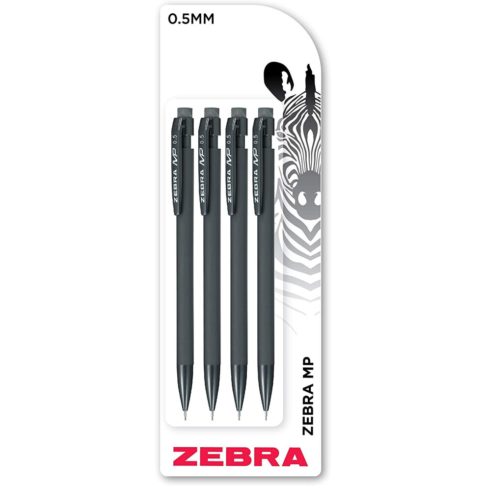 Zebra Pen Mp Mechanical Pencil, 0.5Mm, Barrel, Standard Hb Lead, Built-In Eraser, 4-Pack Black