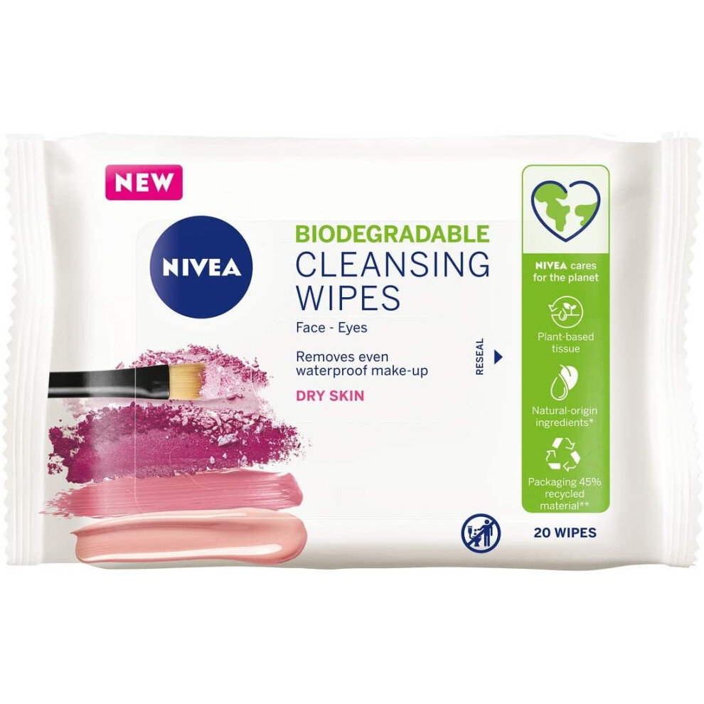 NIVEA Biodegradable Cleansing Wipes Dry Skin (20 sheets), Biodegradable Wipes made from 100% Renewable Plant Fibres, Make-Up Wipes for Dry Skin, Face