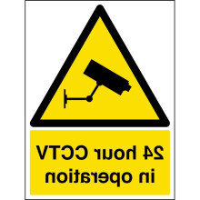 VSafety 6E050AN-W 24 Hour CCTV In Operation Warning Security Sign - 150mm x 200mm - Self Adhesive Window Sticker, Black/Yellow