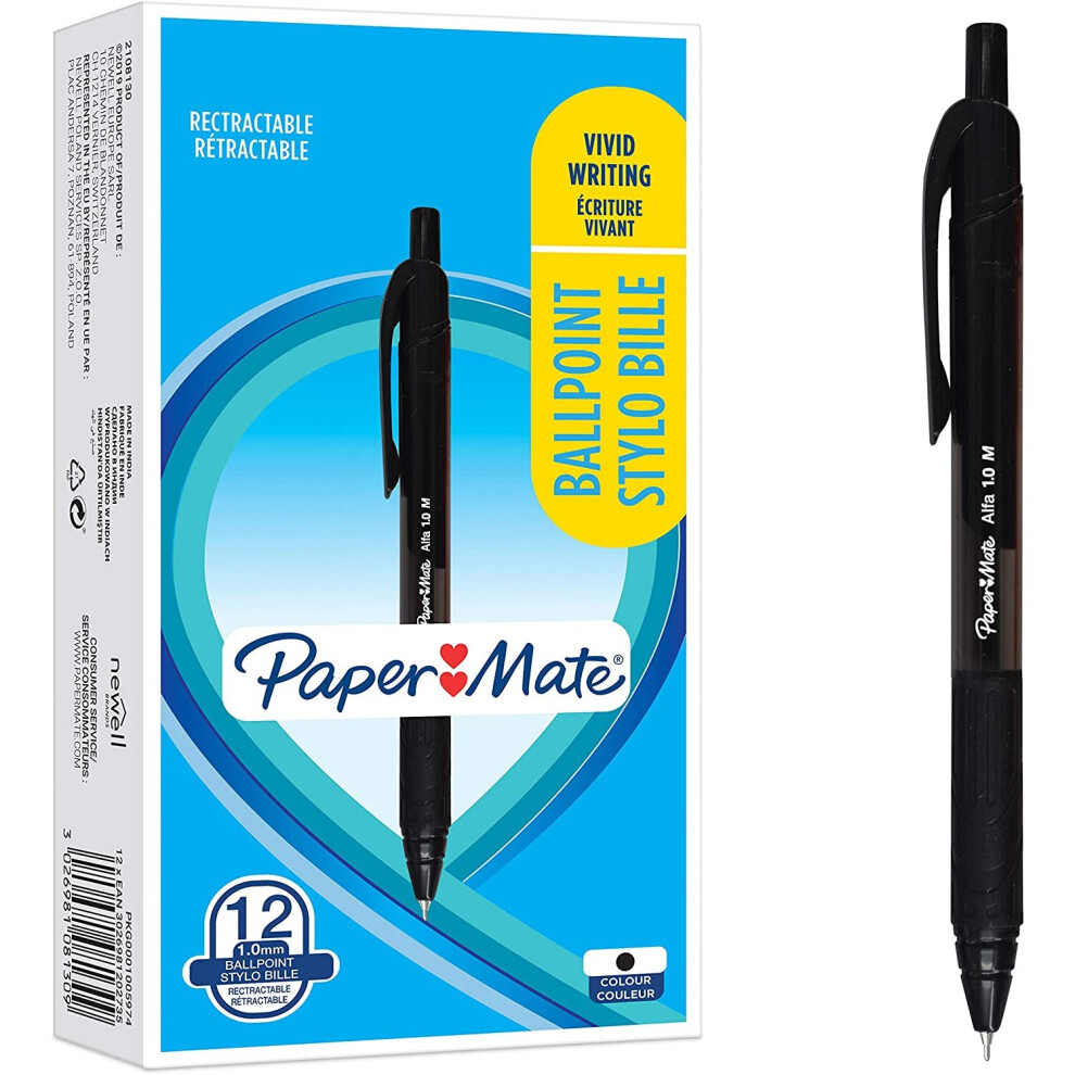 Paper Mate Alfa Retractable Ballpoint Pens | Medium Point (1.0 mm) | Black Ink | 12 Count