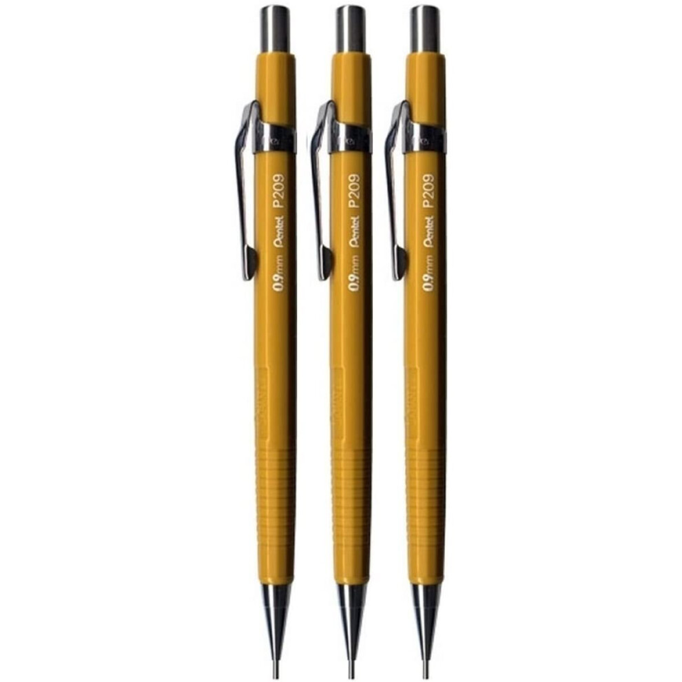 Pentel 0.9mm (P209) Yellow P200 Series Automatic Mechanical Draughting Pencil Refillable Lead Eraser P209-G (Pack Of 3)