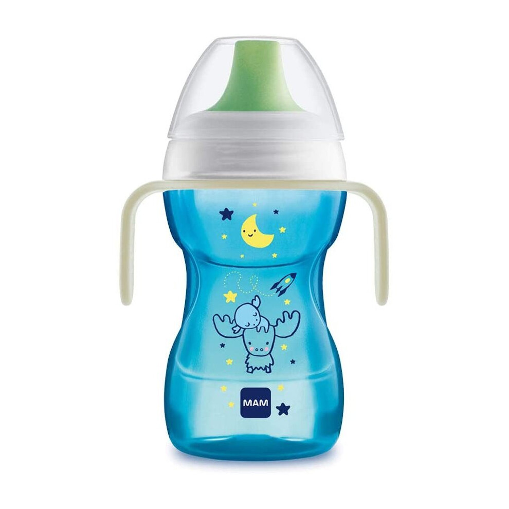 MAM Fun to Drink Cup & Glow Handles, Baby Bottle with Handles, Spill-Free Sippy Cup, Transition Drink Bottle for Babies and Toddlers, Blue