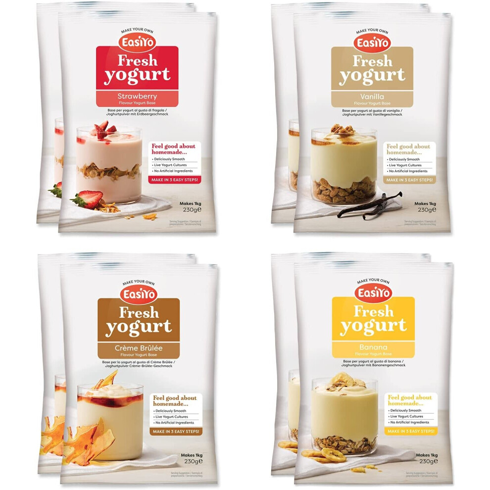 EasiYo Yogurt 8 Sachet Pack | EasiYo Everyday Mixed Pack | 2 x Banana 2 x Strawberry 2 x CrÃ¨me BrÃ»lÃ©e 2 x Vanilla | Each Sachet Makes 1kg of Yogurt