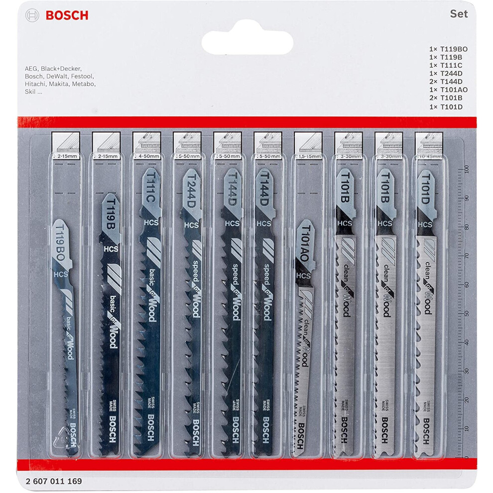 Bosch Professional 2607011169 10Tlg. Stichsägenblätter Holz, Zubehör Für Stichsägen Mit T-Schaft Aufnahme 10-Piece Blades Set (For Wood, Accessor