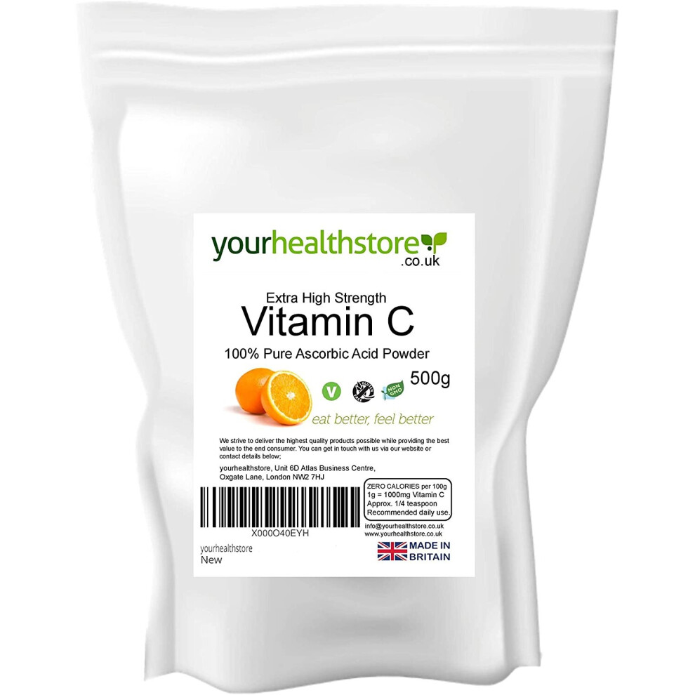 yourhealthstore Vitamin C Powder 500g, Extra High Strength Ascorbic Acid  100% Pure British Pharmaceutical Grade  Non-GMO, Vegan, Gluten Free.