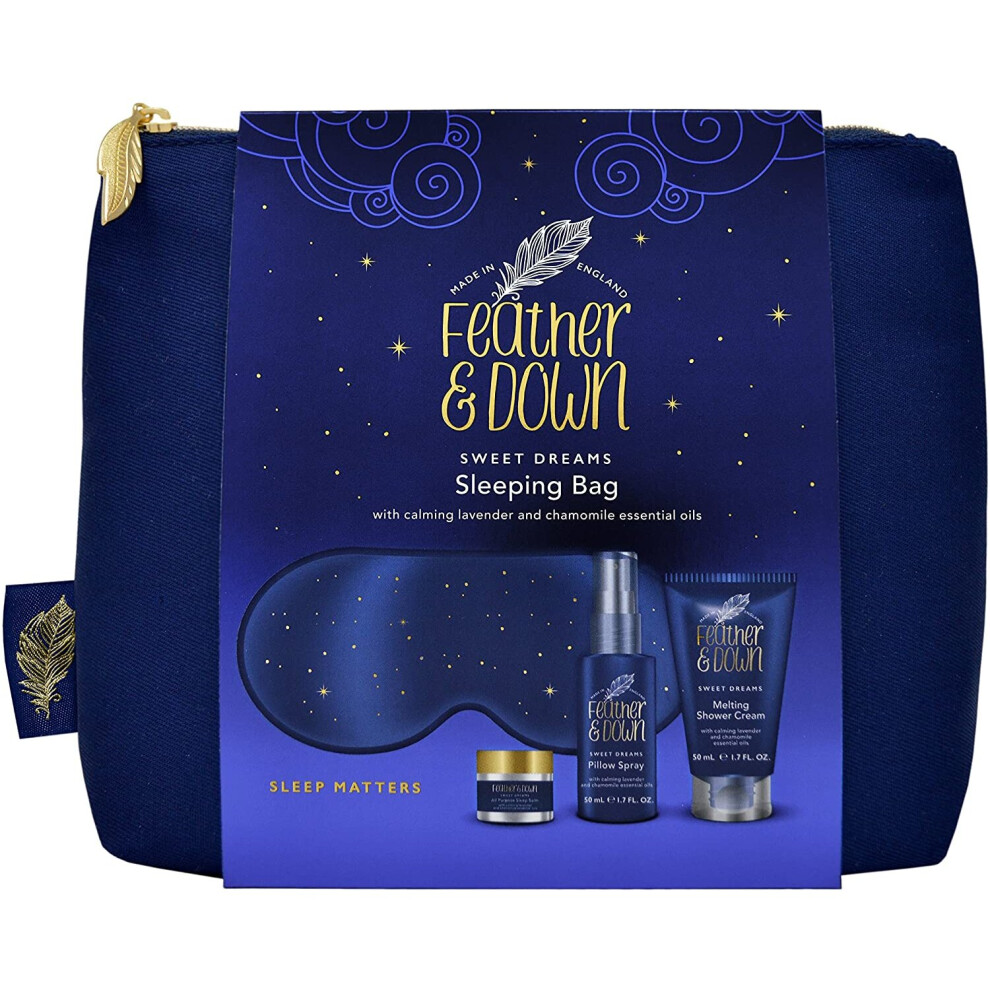 Feather & Down Sweet Dream Sleeping Bag Gift Set. Treat yourself or somebody special! A luxury eye mask, sleep balm, pillow spray and shower cream. Al