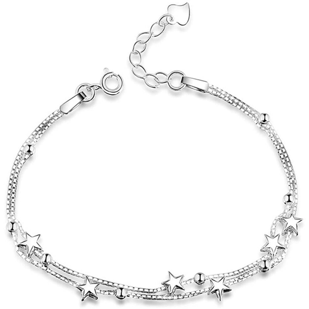 Elegant Mini Stars Beaded Charm Bracelet 925 Sterling Silver Box Chain Layered Bracelet,Adjustable Friendship Link Bracelet Jewelry for Women