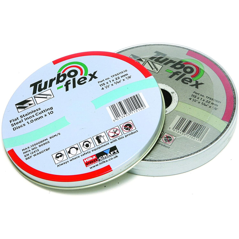 Hilka TFSS11510 115 mm Turbo-Flex Stainless Steel Cutting Disc, Set of 10 Pieces