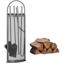 Relaxdays 5-Piece Fireplace Companion Set Cast Iron Utility Accessories, Modern, Stand, Tongs, Shovel, Poker and Broom, Grey, 15 x 23 x 66 cm
