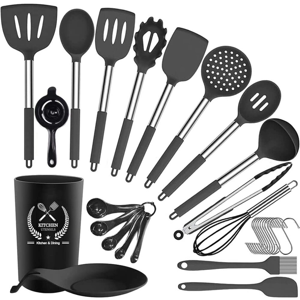Silicone Kitchen Utensils Set,30 Pcs Silicone Cooking Utensils Set,Stainless Steel Cooking Utensils Heat Resistant Cookware,Cooking Tools with Holder