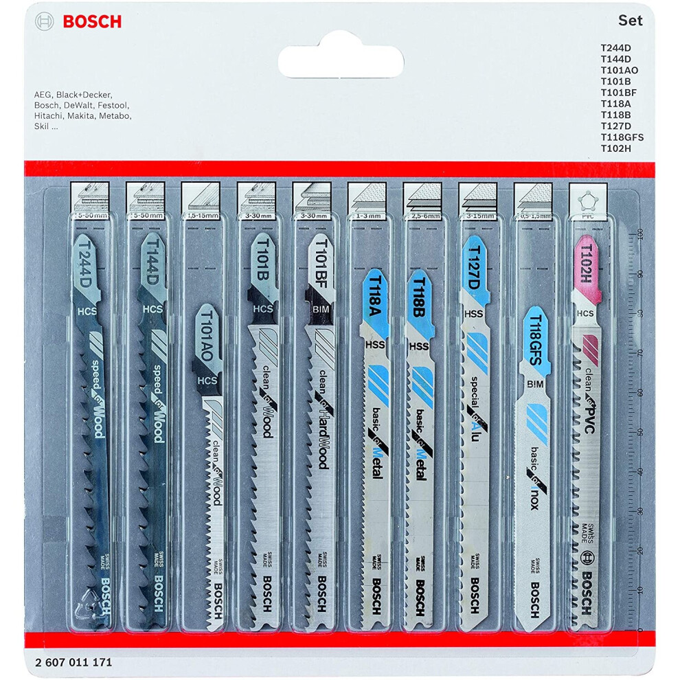 Bosch Professional 2607011171 10-Piece Set Jigsaw Blades Set (for Wood and Metal, Accessories for Jigsaw with T-Shank mounting), 0.8 cm*16.7 cm*15.7 c