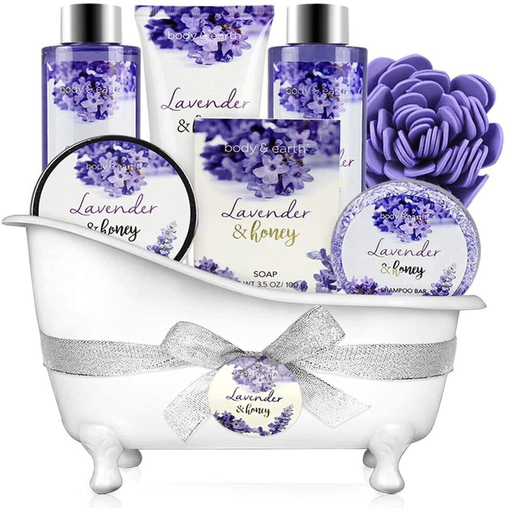 BODY & EARTH Bath and Body Gift Set - 8 Pcs Spa Gift Sets with Lavender & Honey Scent, Includes Shower Gel, Bubble Bath, Shampoo Bar and More, Bath Se