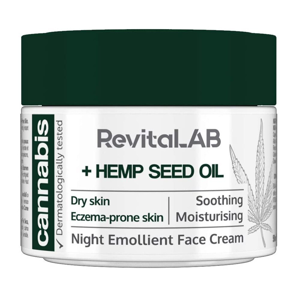 RevitaLAB Cannabis Extract Night Emollient Face Cream with Organic Hemp Seed Oil for Deep Nourishment, Dermatologically Tested Moisturiser for Sensiti