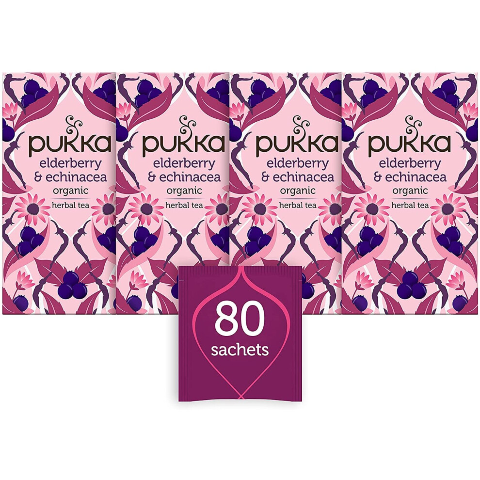 Pukka Elderberry & Echinacea, Organic Herbal Fruit Tea (4 Pack, 80 Tea bags)