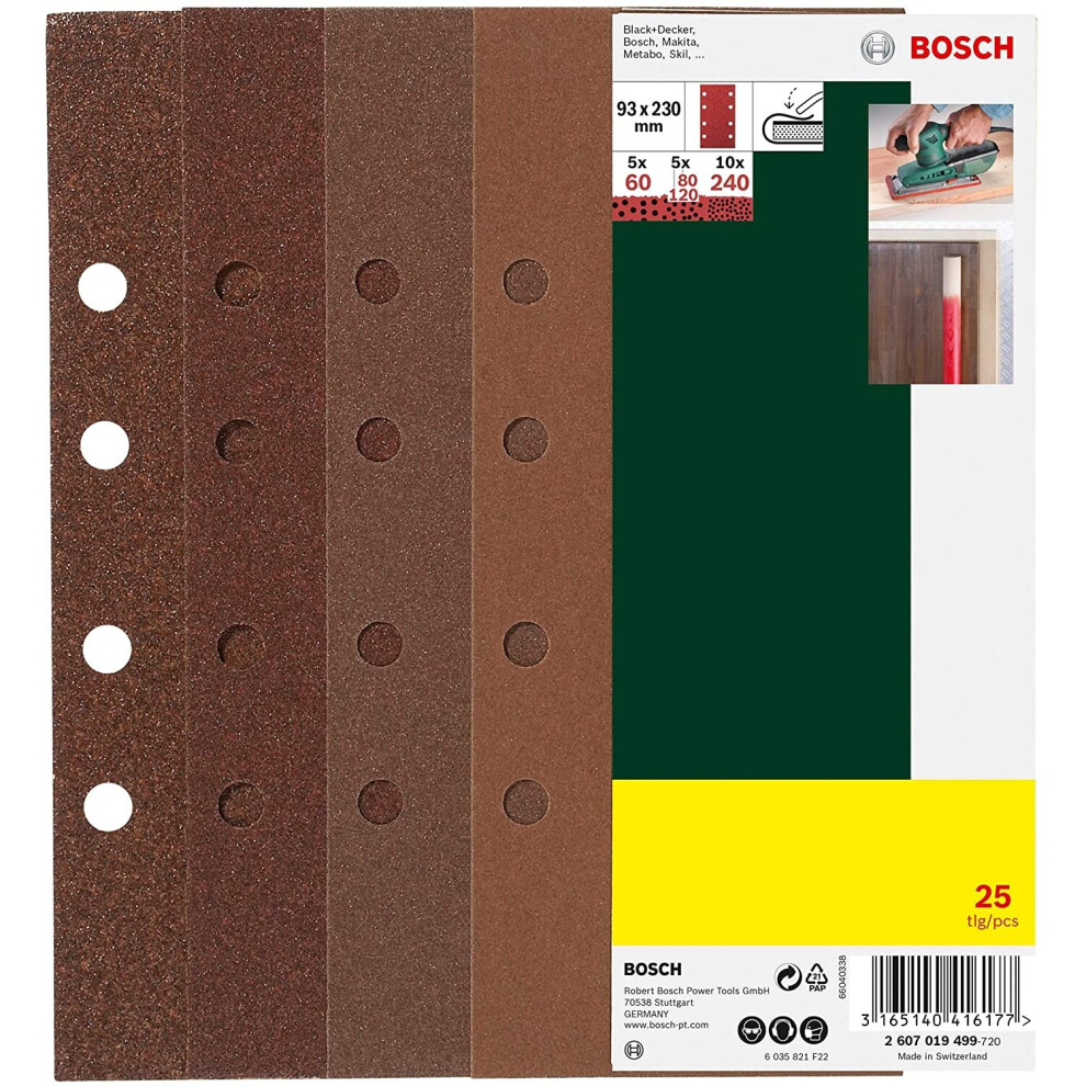 Bosch 2607019499, 25 Sanding Sheet Set for Orbital Sanders, 60-240 Grit, 93x230mm, Red