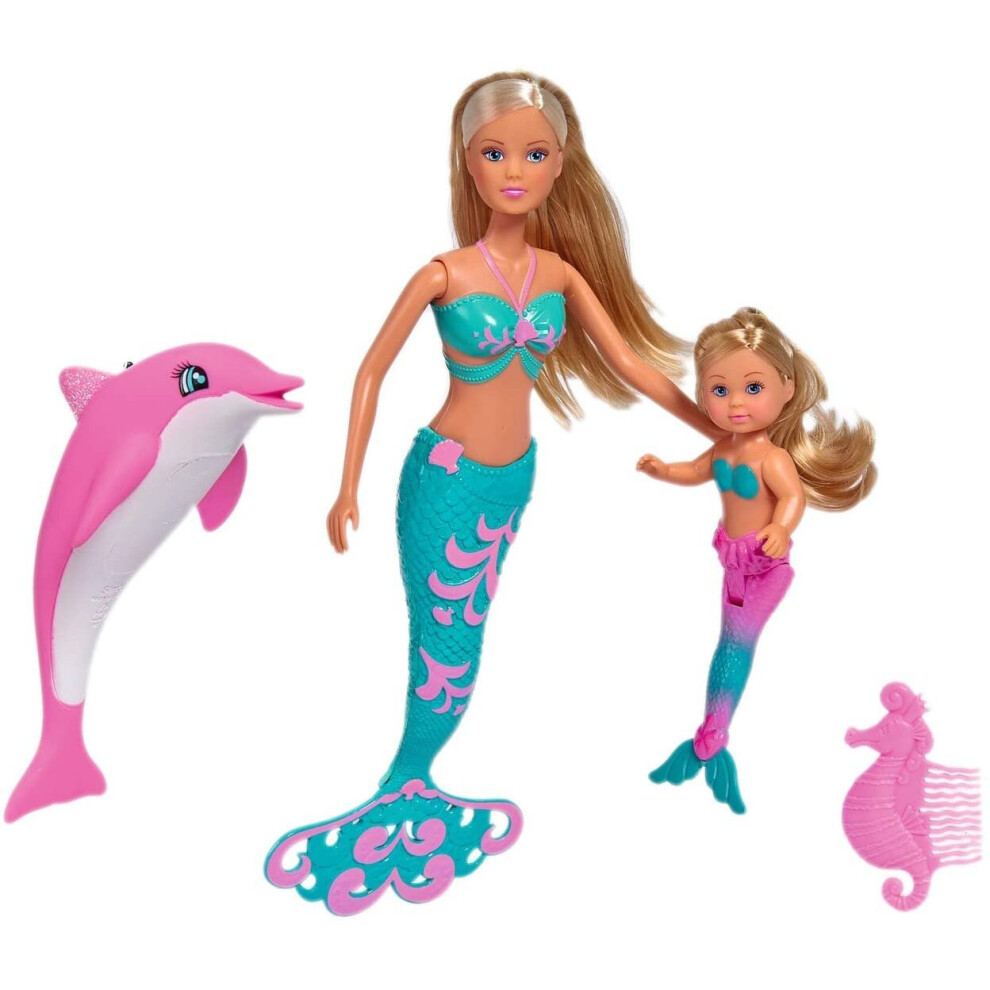 Simba 10573336 - Steffi Love Mermaid Friends, Steffi As Mermaid, With Evi Doll, Dolphin, Seahorse Comb, Dressing Doll, 29 Cm, For Children From 3 Pink