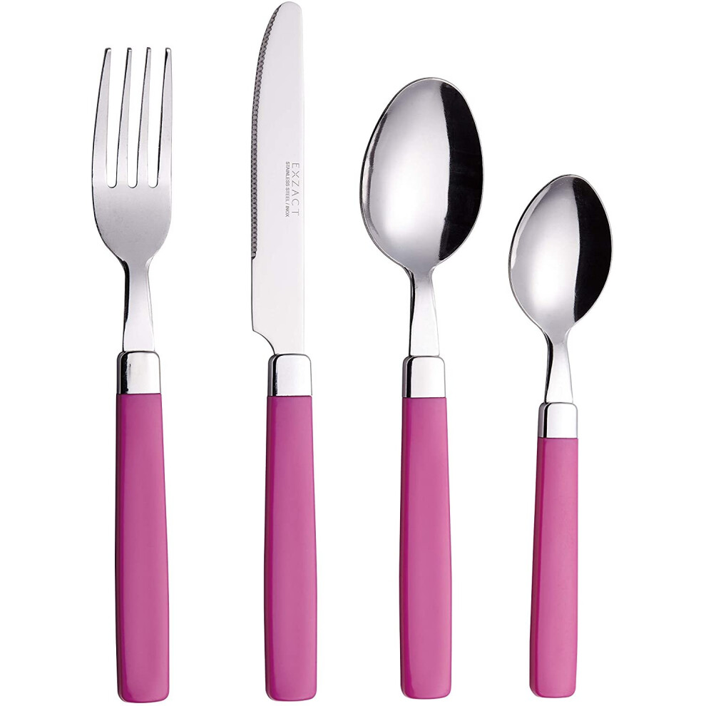 EXZACT Cutlery Set 16pcs Stainless Steel - Coloured Handles - 4 x Forks, 4 x Knives, 4 x Table Spoons, 4 x Tea Spoons - WF23 Pink