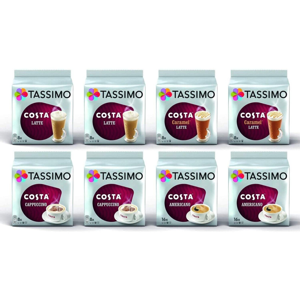 Tassimo Costa Coffee Pods Selection - Costa Latte/Caramel Latte/Americano/Cappuccino - 8 Packs (80 Servings)