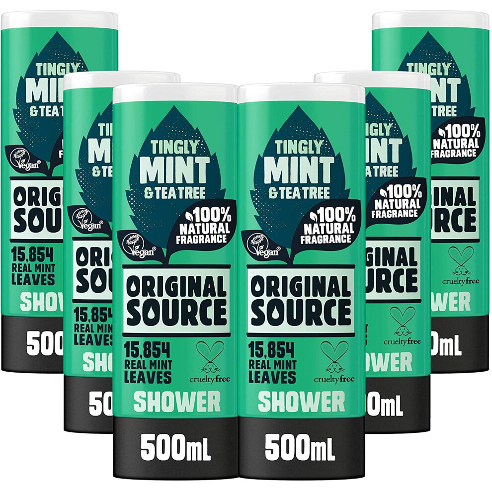 Original Source Mint & Tea Tree Shower Gel, Large Vegan Shower Gel, Paraben Free Body Shower, 100% Natural Fragrance, Multipack of 6 x 500 ml