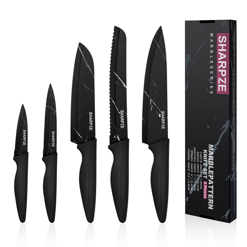 Kitchen Knife Set of 5 | Ultra Sharp Stainless Steel Blade | Kitchen Knives with Ergonomic Handle & Sheaths Include Paring, Utility, Santuko, Bread, C